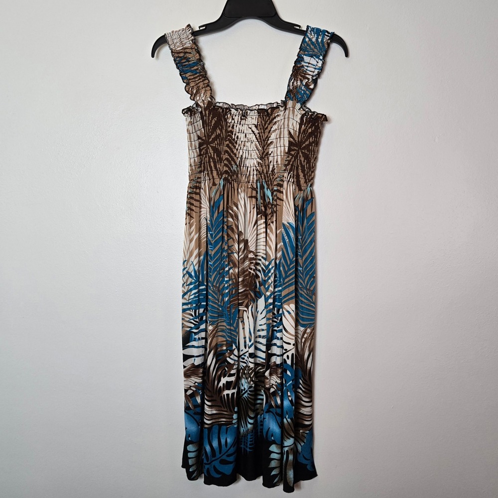 FC Tropical Leaf‎ Print Smocked Midi Dress Blue Brown Ruffle Straps Size L-XL